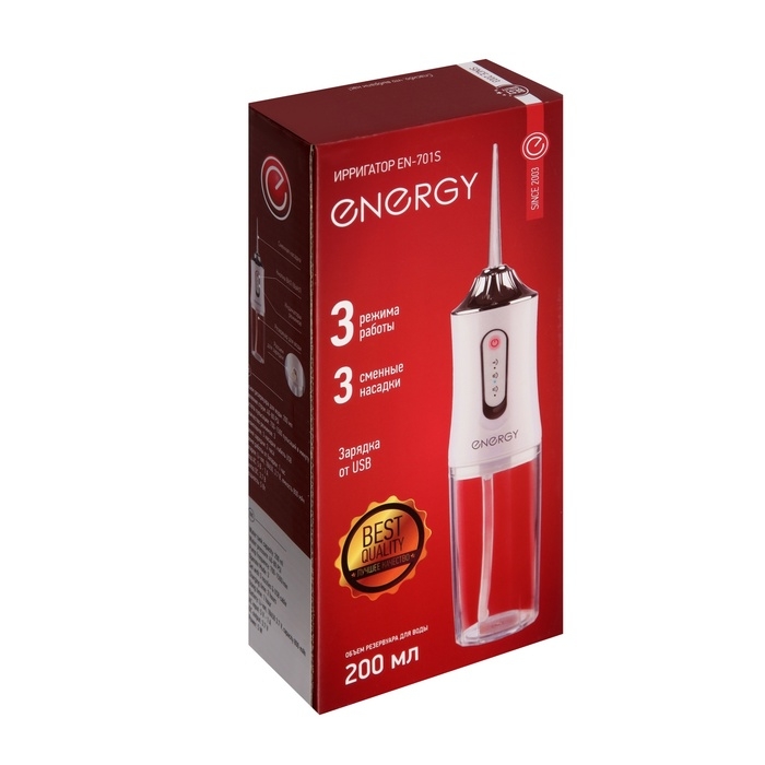 Ирригатор Energy EN-701S, портативный, 200 мл, 3 режима, 3 насадки, АКБ, белый Ирригатор Energy EN-701S, портативный, 200 мл, 3 режима, 3 насадки, АКБ, белый