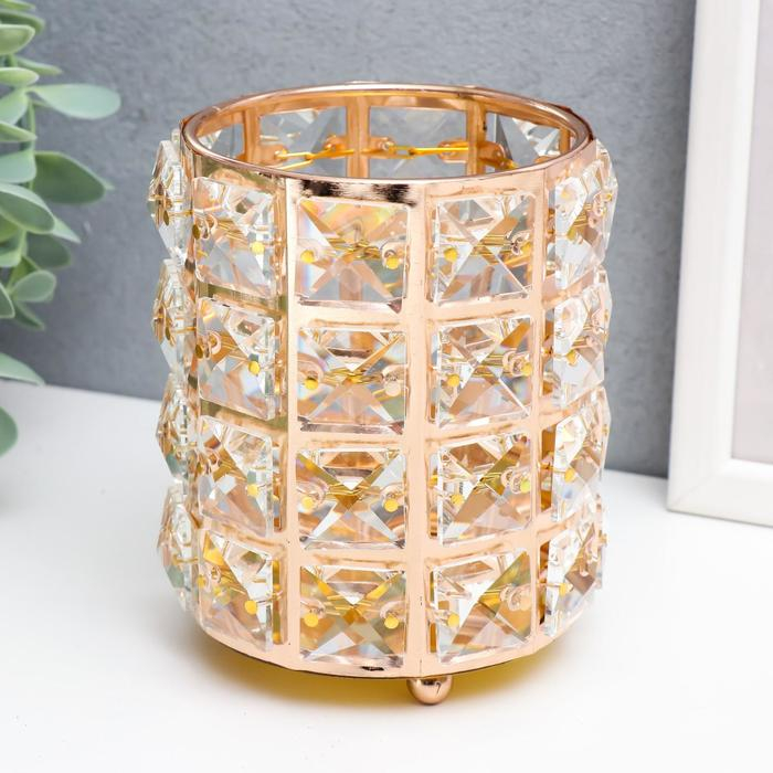 Подсвечник металл, стекло на 1 свечу "Кристаллы и цилиндр" золото 12х10х10 см