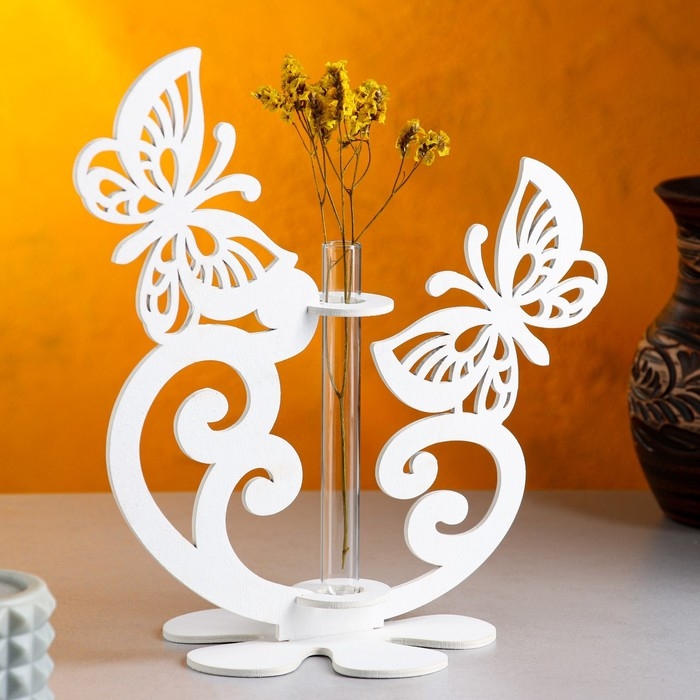 Кашпо деревянное 13.5×13×26.5 см с 1 колбой  Кашпо деревянное 13.5×13×26.5 см с 1 колбой "Бабочки", белый Дарим Красиво