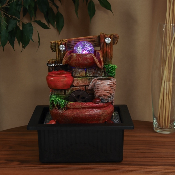 Фонтан Фонтан "Бочки у каменной стены с забором" 28х23 см (с подсветкой)