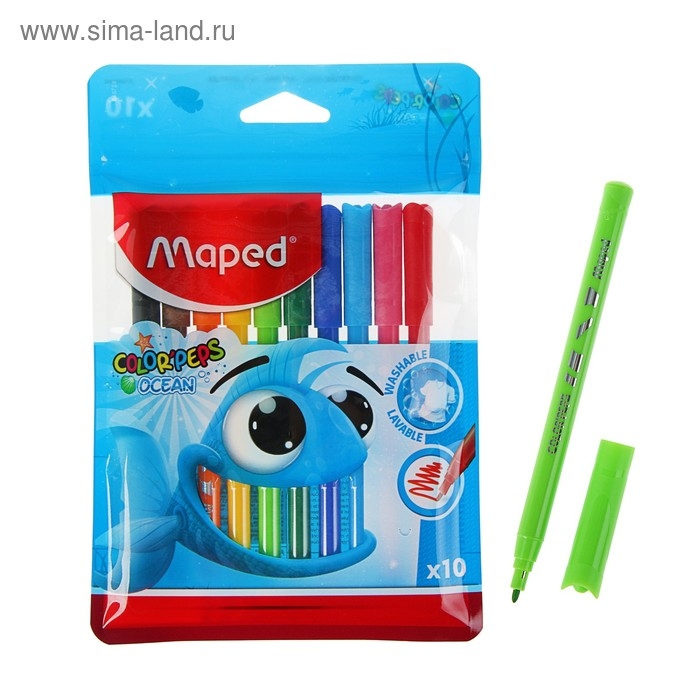 Фломастеры 10 цветов, Maped Color Peps Ocean, суперсмываемые, с заблокированным пишущим узлом Фломастеры 10 цветов, Maped Color Peps Ocean, суперсмываемые, с заблокированным пишущим узлом