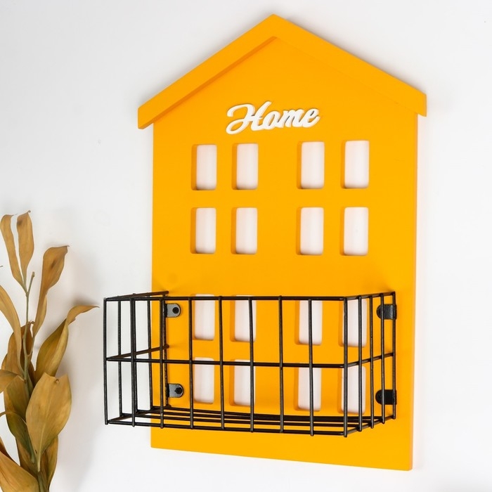 Декор настенный с полочкой дерево Декор настенный с полочкой дерево "Домик" жёлтый 31х9,4х22,2 см
