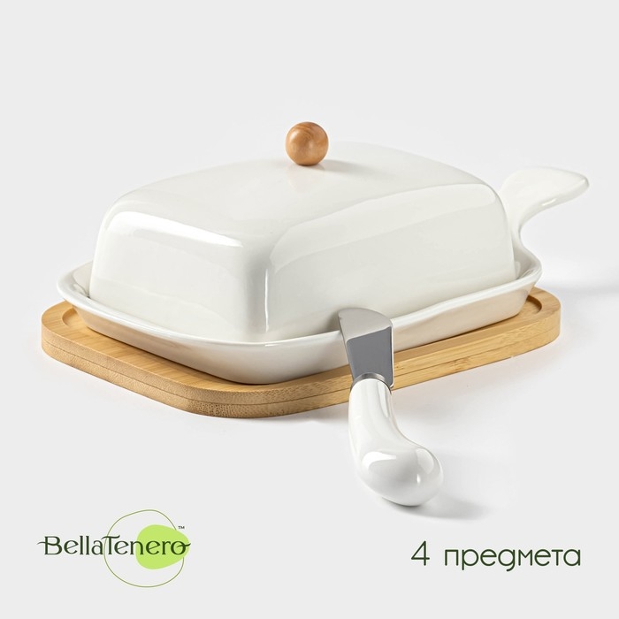 Маслёнка фарфоровая на деревянной подставке с ножом BellaTenero, 330 мл, цвет белый Маслёнка фарфоровая на деревянной подставке с ножом BellaTenero, 330 мл, цвет белый