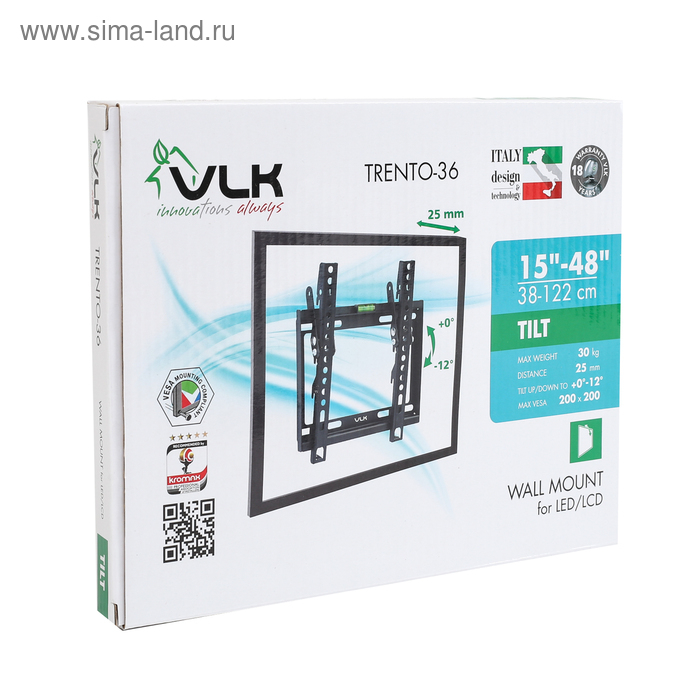 Кронштейн VLK TRENTO-36, для ТВ, наклонный, 15-48 Кронштейн VLK TRENTO-36, для ТВ, наклонный, 15-48", 28 мм от стены, черный