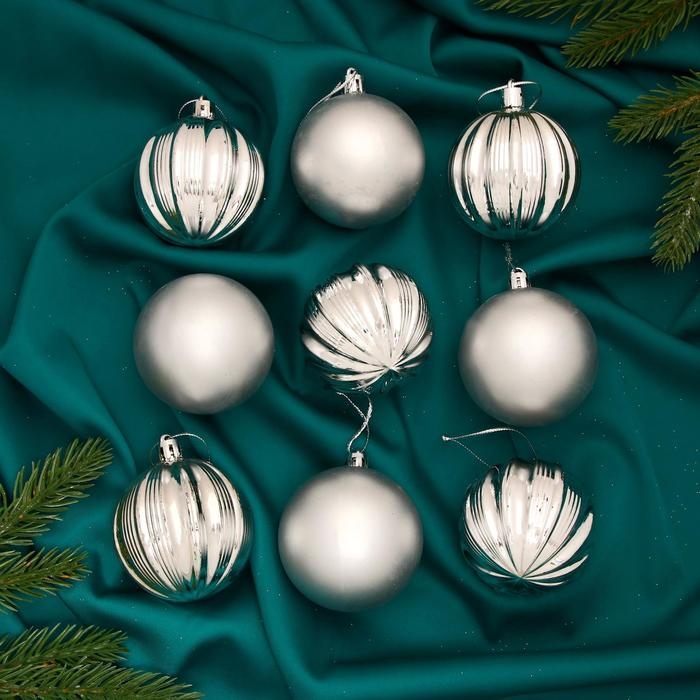 Набор шаров пластик d-6 см, 9 шт Набор шаров пластик d-6 см, 9 шт "Венера" серебро