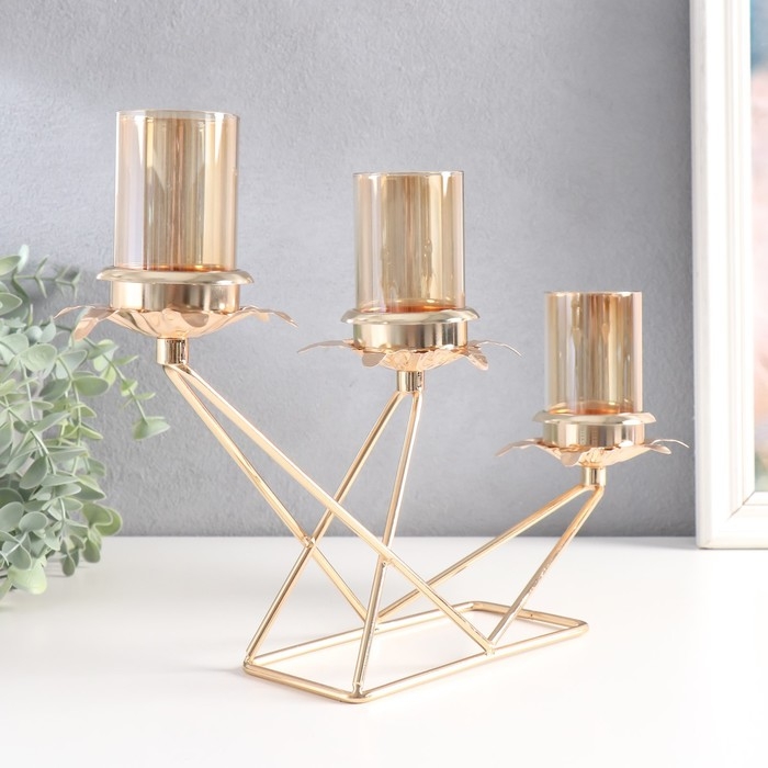 Подсвечник металл, стекло на 3 свечи "Ветви с листиками. Геометрия" d-5 см золото 35х8х26 см   94487