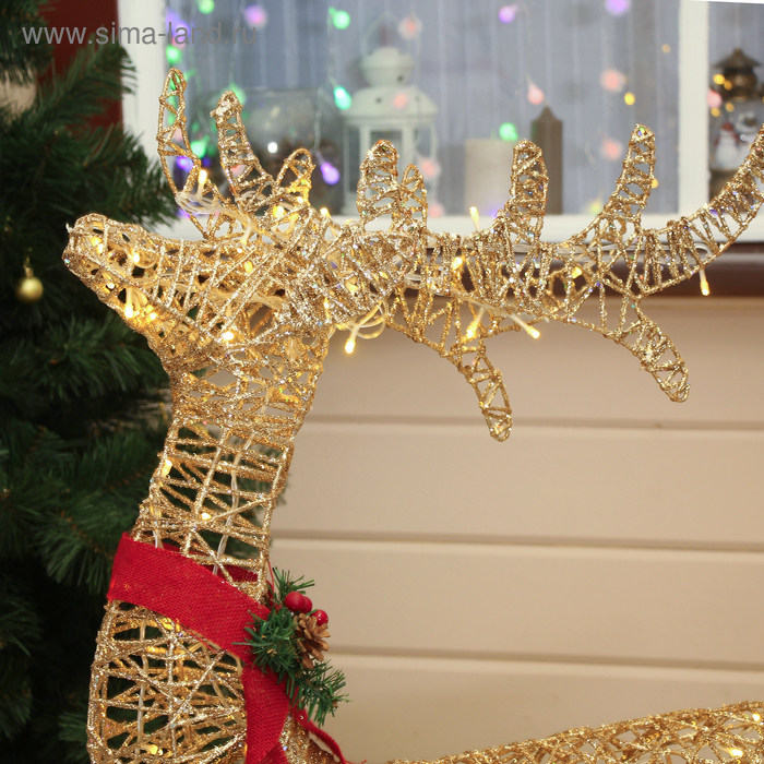 Светодиодная фигура «Олень с санями золотистый», олень: 65 × 130 × 27 см, сани: 120 × 70 × 45 см, металл, 220 В, свечение тёплое белое Светодиодная фигура «Олень с санями золотистый», олень: 65 × 130 × 27 см, сани: 120 × 70 × 45 см, металл, 220 В, свечение тёплое белое