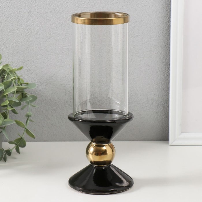 Подсвечник керамика, стекло на 1 свечу Подсвечник керамика, стекло на 1 свечу "Параллели" d=7,5 см чёрный с золотом 9,5х9,5х24 см