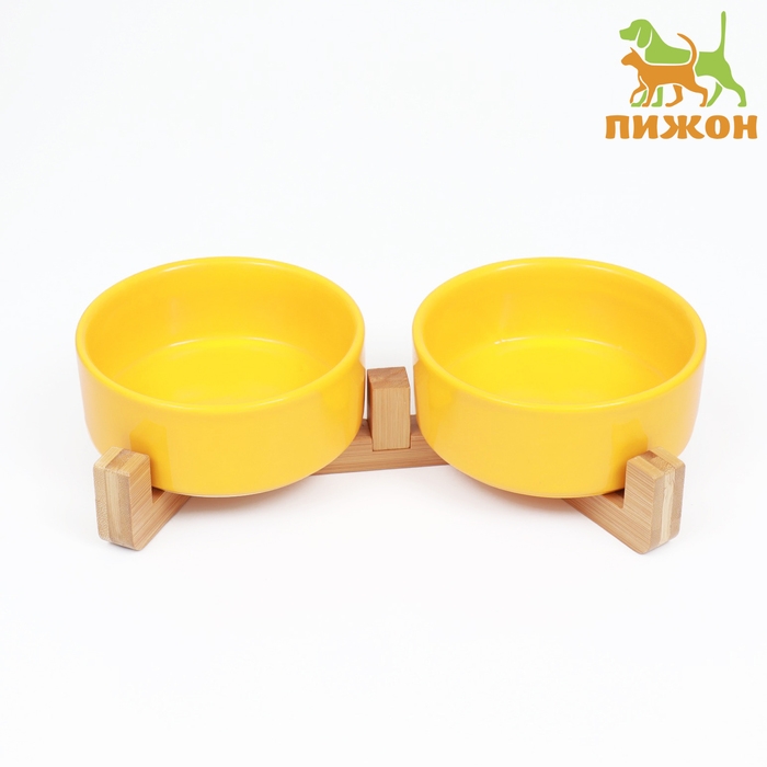 Миски керамические двойные на подставке 2 х 450 мл  28,5 х 15,5 х 7 см, жёлтая Миски керамические двойные на подставке 2 х 450 мл  28,5 х 15,5 х 7 см, жёлтая