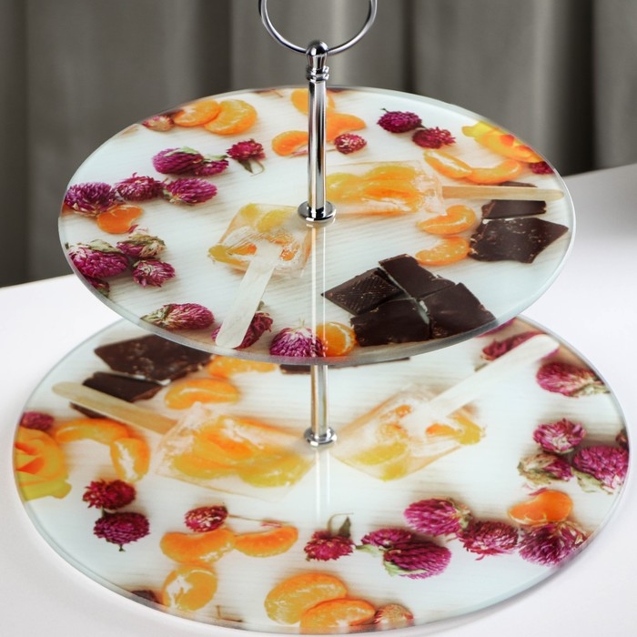 Фруктовница стеклянная 2-х ярусная Доляна «Фруктовый лёд», d=25/20 см ㅤ Фруктовница стеклянная 2-х ярусная Доляна «Фруктовый лёд», d=25/20 см ㅤ