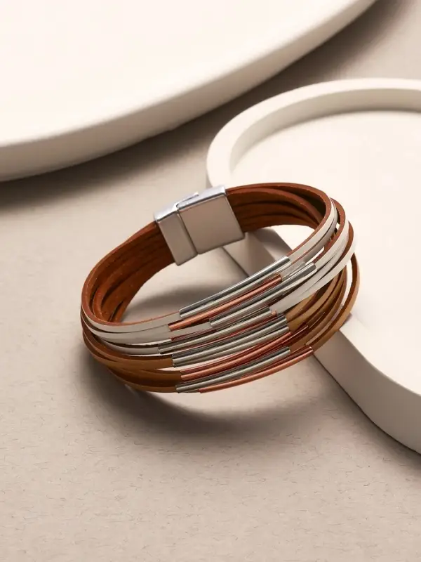 Браслет кожаный манжета на магните &laquo;Линии&raquo;, L=18.5 см, белый, бежевый