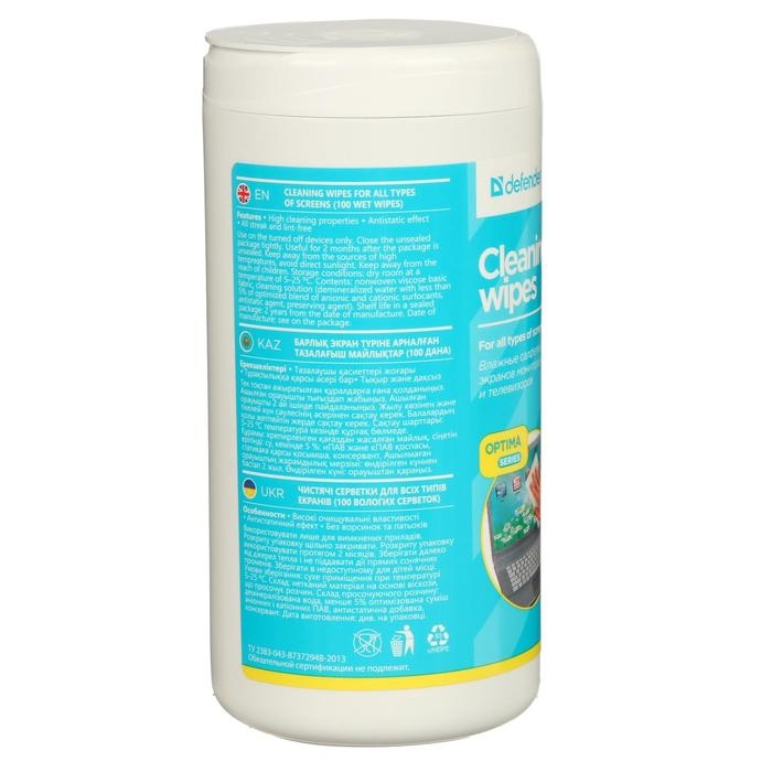 Салфетки чистящие для всех типов экранов, Defender Cleaning wipes, Optima, 100 штук в тубе Салфетки чистящие для всех типов экранов, Defender Cleaning wipes, Optima, 100 штук в тубе