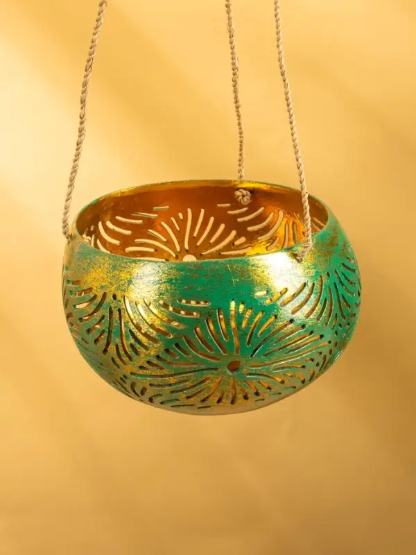 Подсвечник подвесной из кокоса, 12-14 см, тёмно зелёный-золотой Подсвечник подвесной из кокоса, 12-14 см, тёмно зелёный-золотой