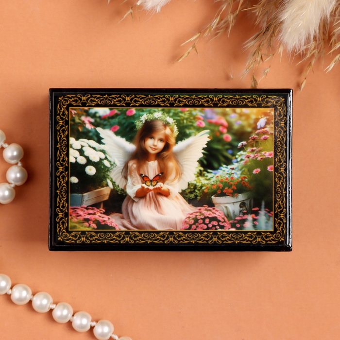 Шкатулка «Ангел с бабочкой», черная, 6×9 см, лаковая миниатюра