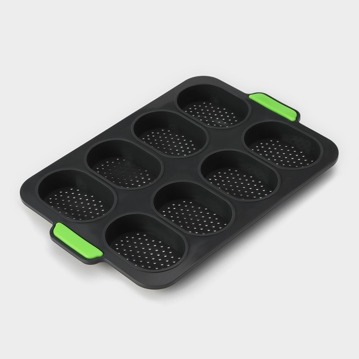 Форма для выпечки с перфорацией «Булочки», силикон, 34,5×23×2,5 см , 8 ячеек (9,5×6,3×2,4 см), чёрная Форма для выпечки с перфорацией «Булочки», силикон, 34,5×23×2,5 см , 8 ячеек (9,5×6,3×2,4 см), чёрная