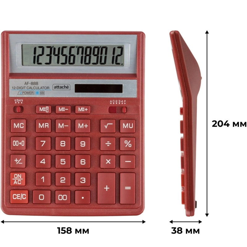 Калькулятор настольный ПОЛН.Attache AF-888,12р,дв.пит,204x158мм, темно-крас