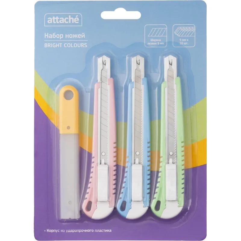 Набор ножей Attache 3 пласт. ножа 9 мм, 10 запас. лезвия