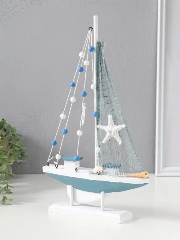 Сувенир дерево "Парусник с якорем и морской звездой" бело-голубой 21,5х4,5х36 см