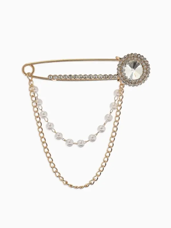 Булавка &laquo;Императрица&raquo;, стразы, цепочка, жемчуг, L=7.5 см, цвет белый в золоте