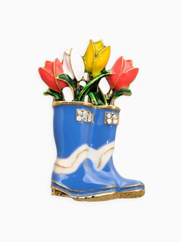 Брошь "Цветы Тюльпанов в Сапогах", цветная в чернёном золоте