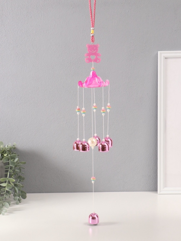 Музыка ветра металл от сглаза Музыка ветра металл от сглаза "Мишка с 6 колокольчиками" розовый h=53см