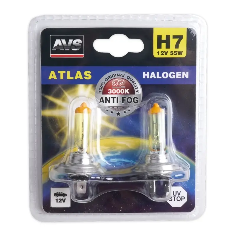 Галогенная лампа AVS /ATLAS ANTI-FOG/желтый H7,12V.55W.блистер 2шт.