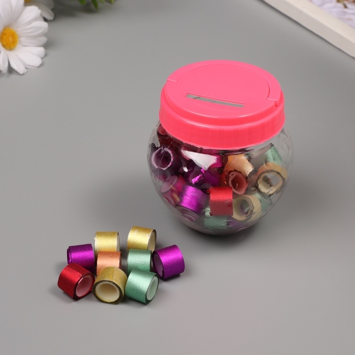 Клейкая лента пластик в банке  Клейкая лента пластик в банке "Глори. Микс" н-р 40 шт 1,2 см, дл.0,9 м 7х7х9 см