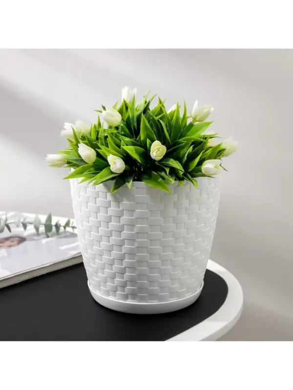 Горшок для цветов с поддоном &laquo;Ротанг&raquo;, 3 л, d=17 см, h=17 см, пластиковый, белый