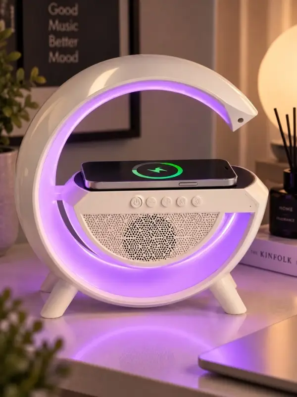 Колонка портативная - ночник, Bluetooth, беспроводная зарядка, часы, RGB-подсветка, 15 Вт, 3 А, белая