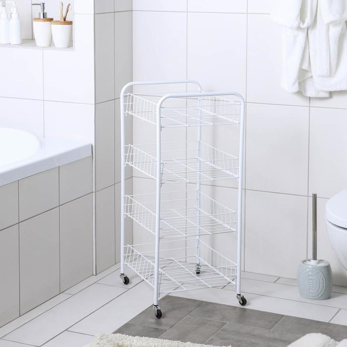 Этажерка напольная 4-х секционная Доляна, на колёсах, 31×34×77 см, цвет белый Этажерка напольная 4-х секционная Доляна, на колёсах, 31×34×77 см, цвет белый