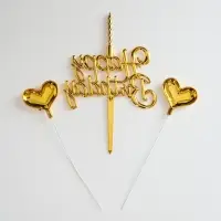 Топпер для торта Happy Birthday, золотой с сердечками и свечкой