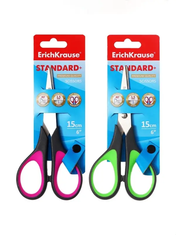 Ножницы ErichKrause Standard+, 15 см, антискользящие резиновые вставки, улучшенная заточка, блистер, МИКС