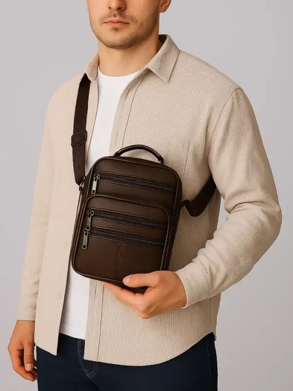 Сумка кросс-боди мужская на молнии, 5 наружных карманов, с ручкой, длинный ремень, 19&times;8.5&times;25 см, коричневая