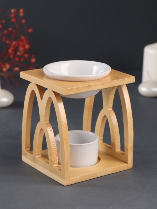 Аромалампа бамбук, керамика с подставкой под свечу Аромалампа бамбук, керамика с подставкой под свечу "Узоры" белая 9,5х9,5х13,5 см