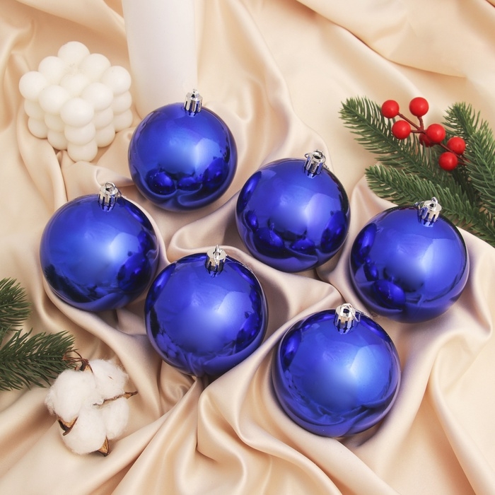 Набор шаров пластик d-8 см, 6 шт Набор шаров пластик d-8 см, 6 шт "Винтажный глянец" синий