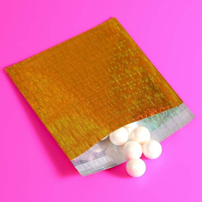 Пакет подарочный голографический с липкой лентой, Пакет подарочный голографический с липкой лентой, "Звездное небо", 10x10+2 см набор 50шт