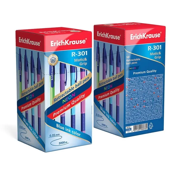 Ручка шариковая автоматическая ErichKrause R-301 Neon Matic & Grip, узел 0.7 мм, чернила синие, резиновый держатель, корпус МИКС (4 цвета) Ручка шариковая автоматическая ErichKrause R-301 Neon Matic & Grip, узел 0.7 мм, чернила синие, резиновый держатель, корпус МИКС (4 цвета)