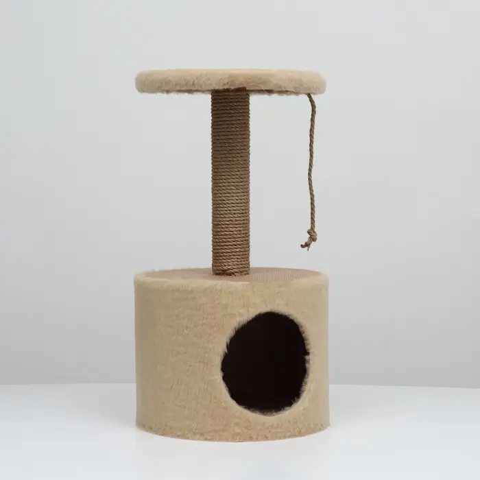Домик для кошек с когтеточкой круглый, джут, 35&times;35&times;64 см, бежевый