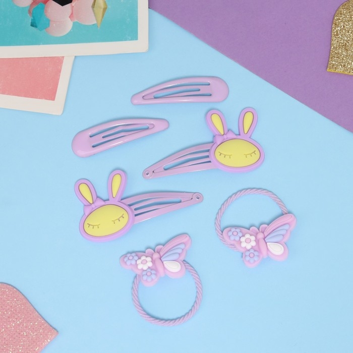 Набор для волос Набор для волос "Ширли" (2 резинки 5 см, 4 невидимки 5,5 см) бабочка, сиреневый