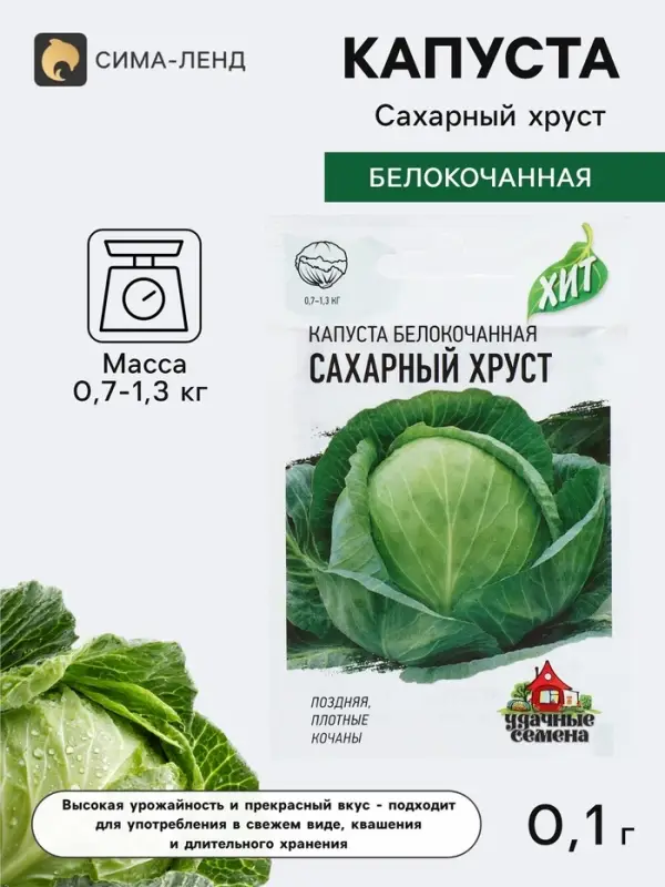 Семена Капуста белокочанная &laquo;Сахарный хруст&raquo;, 0.1 г, поздняя, &laquo;Удачные семена&raquo;