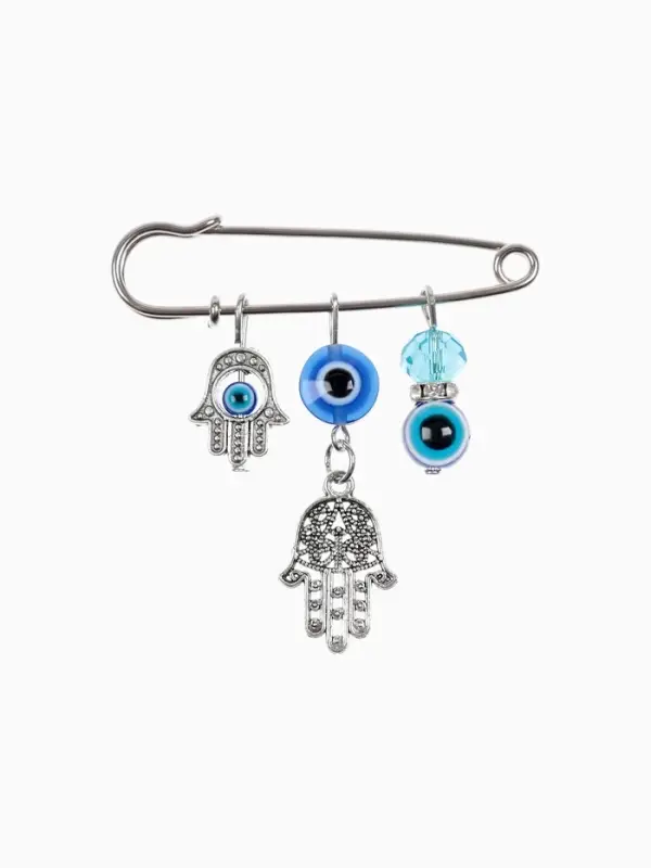 Булавка-оберег 3 подвески &laquo;Рука Хамса с бусиной&raquo;, 5 см, синяя в серебре