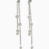 Серьги жемчуг "Цепочки" двойные, цвет белый в серебре