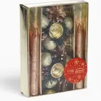 Свеча новогодняя с подсвечником &laquo;Шишки и шарики&raquo;, набор 4 шт., 3.5&times;11&times;15 см, золотистая