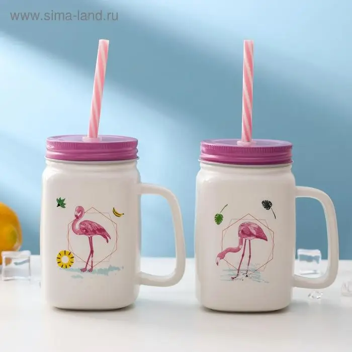 Кружка керамическая с металлической крышкой и трубочкой «Фламинго», 450 мл, цвет МИКС Кружка керамическая с металлической крышкой и трубочкой «Фламинго», 450 мл, цвет МИКС