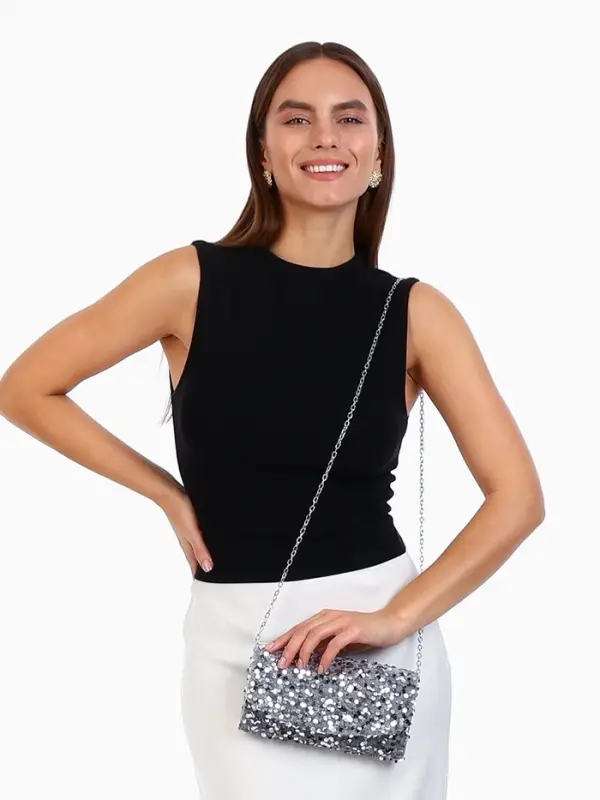 Сумка-клатч вечерняя на магните, на цепочке, с пайетками, серебристая