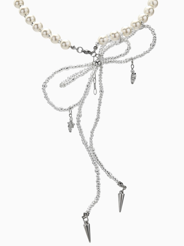 Бусы с жемчугом «Бантик» двойной, цвет белый в серебре, 37 см