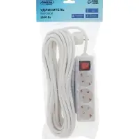Удлинитель Luazon Lighting, 3 розетки, 10 м, 6 А, 1300 Вт, 3&times;0.75 мм2, с заземлением, с выключателем, белый