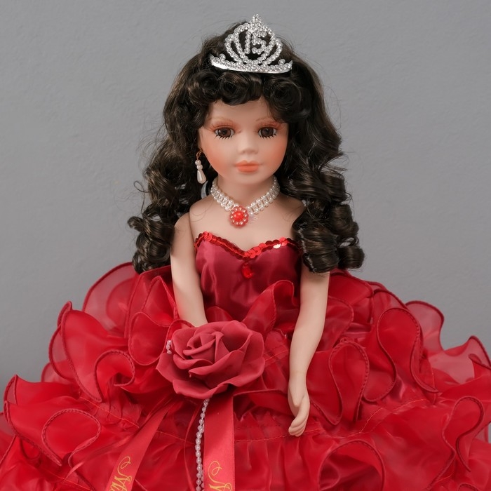 Кукла коллекционная зонтик керамика Кукла коллекционная зонтик керамика "Леди в бордовом платье с розой, в тиаре" 45 см