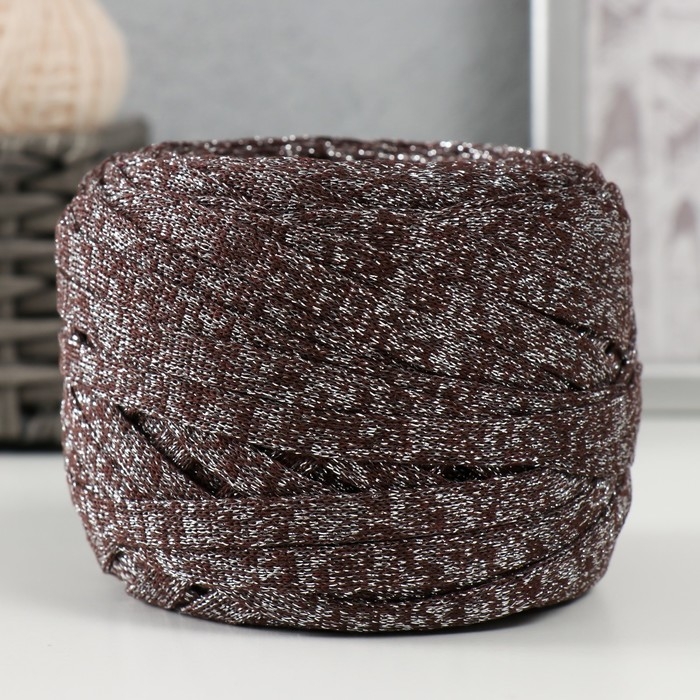 Трикотажная пряжа "Риббон" с люрексом 85м/170&plusmn;5 гр (Кофе, люрекс: Серебро)