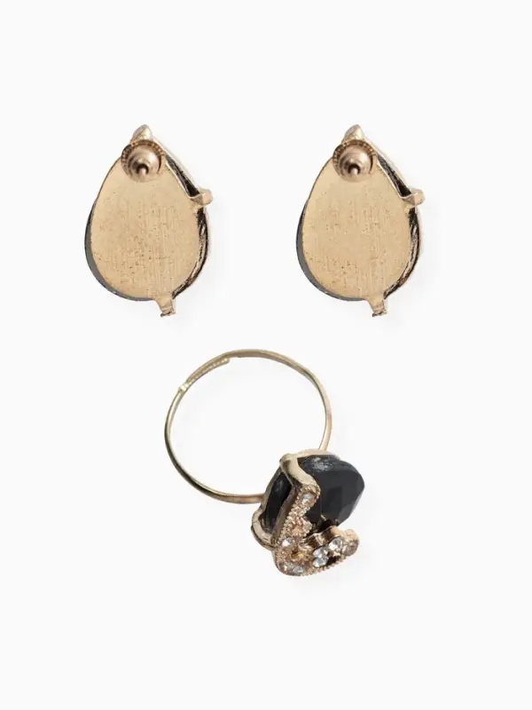 Гарнитур 3 предмета: серьги, кулон, кольцо &laquo;Капли&raquo;, чёрно-белые в золоте, 45 см